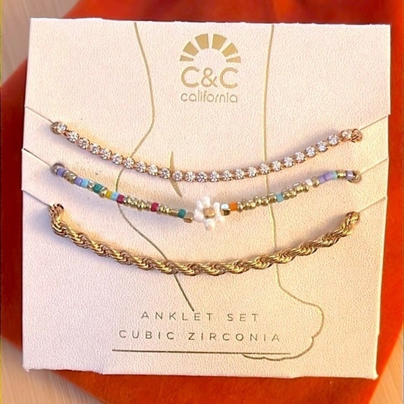 Brand New C&C California Anklet Set Daisy Beaded Gold Tone Braided Rhinestone - Picture 2 of 10